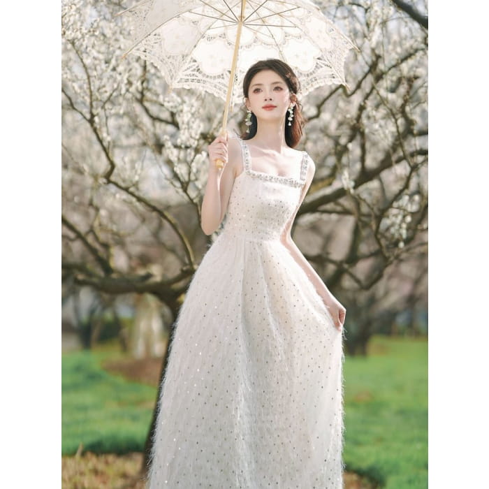 Spaghetti Strap Sequined Feather Midi