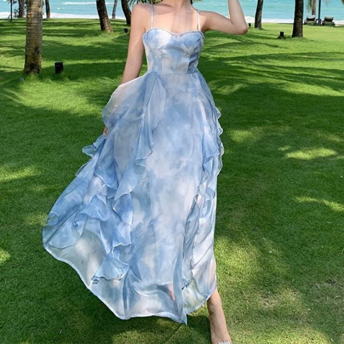 Spaghetti Strap Tie Dye Ruffle Trim Maxi