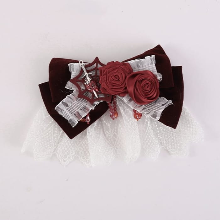 Spider Web White and Red Rosettes Big Bow Hairclip - &