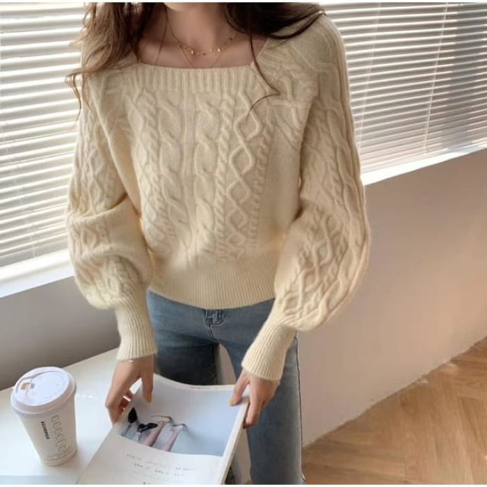 Square-Neck Cable-Knit Loose Sweater in 13 Colors - Almond