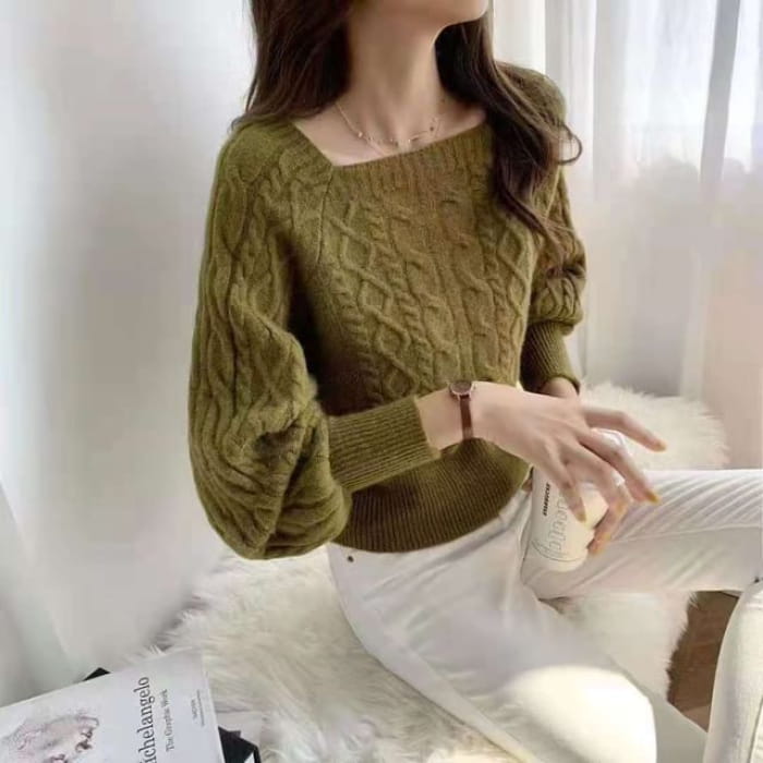 Square-Neck Cable-Knit Loose Sweater in 13 Colors - Army