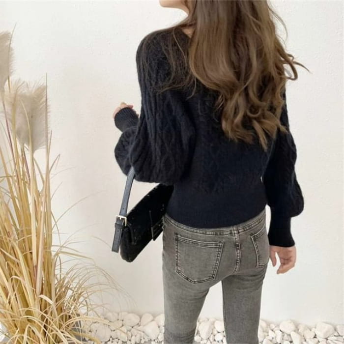 Square-Neck Cable-Knit Loose Sweater in 13 Colors - Black