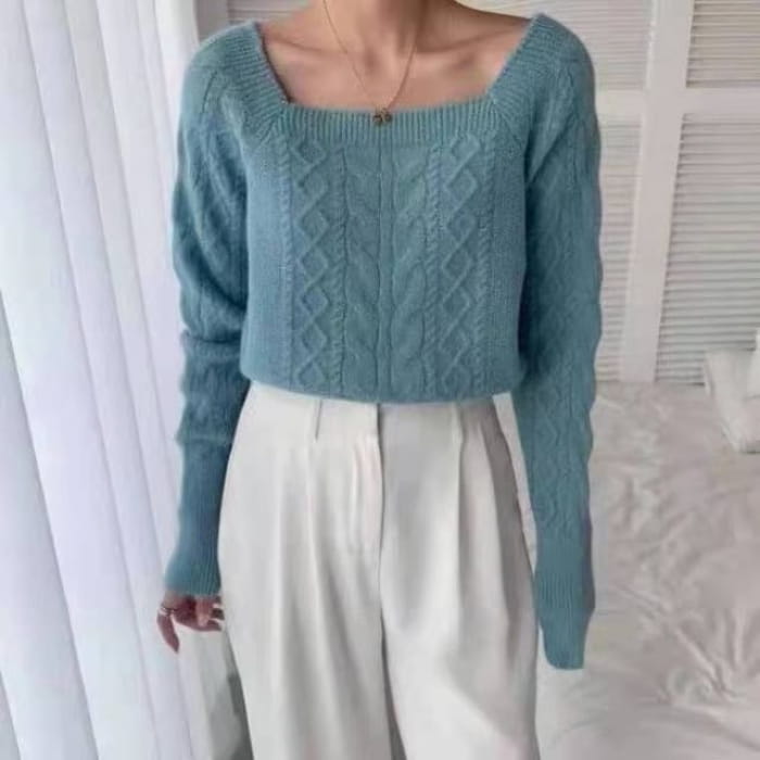 Square-Neck Cable-Knit Loose Sweater in 13 Colors - Blue