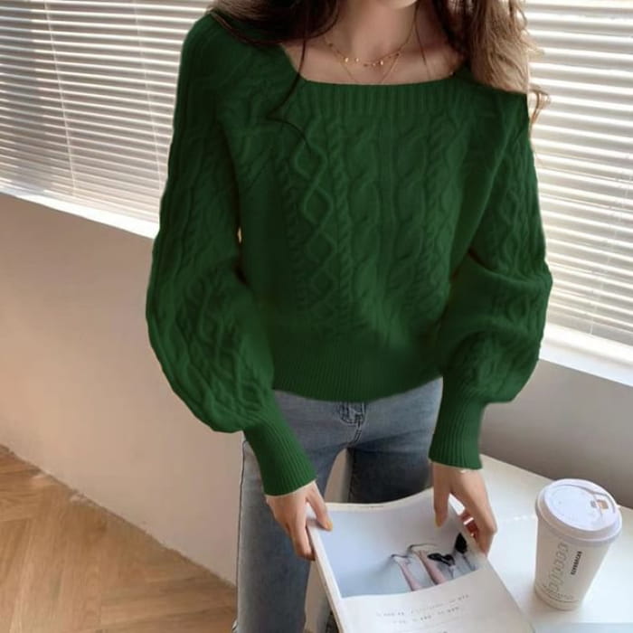 Square-Neck Cable-Knit Loose Sweater in 13 Colors - Green