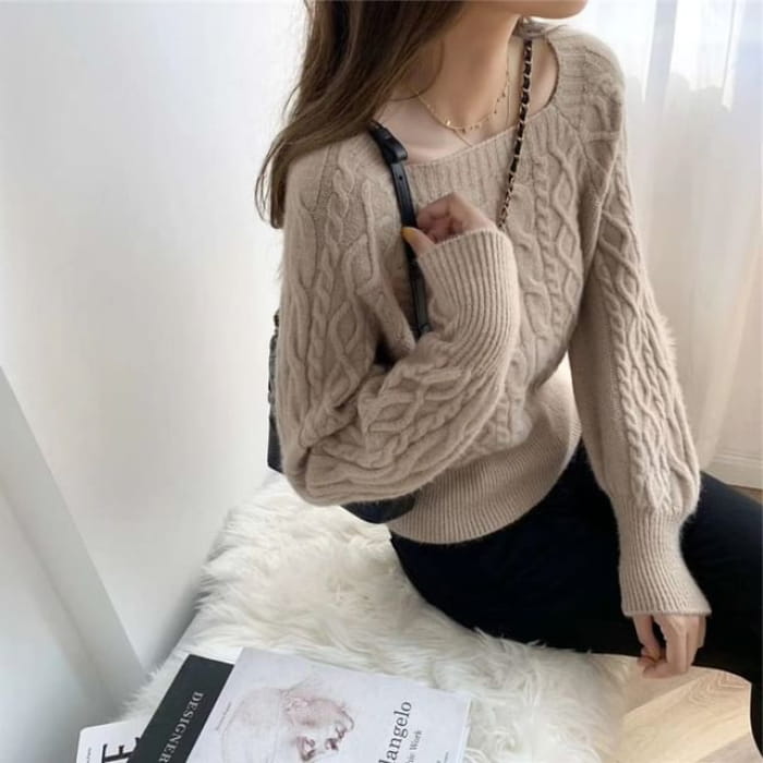 Square-Neck Cable-Knit Loose Sweater in 13 Colors - Khaki