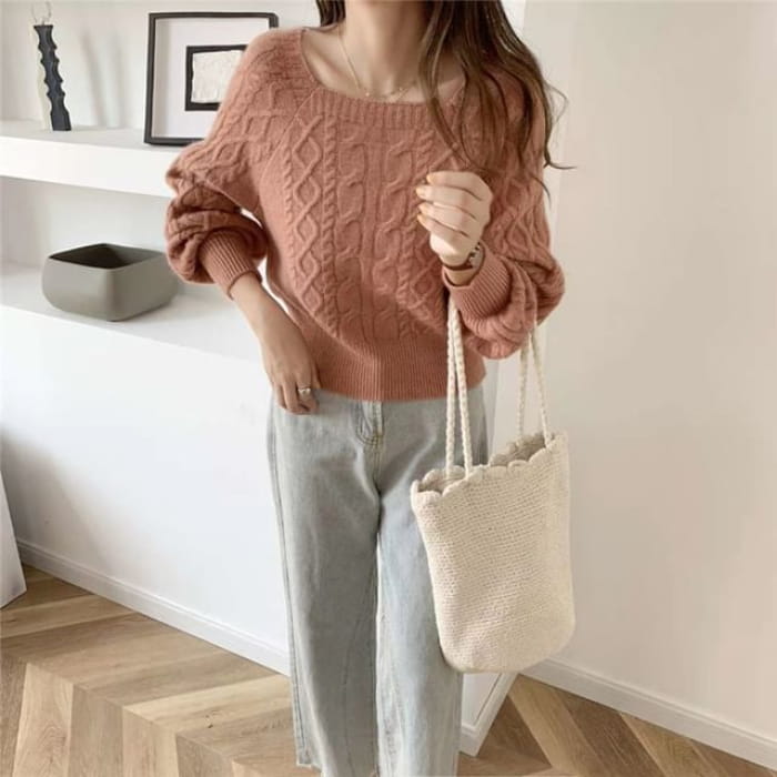 Square-Neck Cable-Knit Loose Sweater in 13 Colors - Light