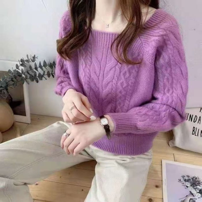 Square-Neck Cable-Knit Loose Sweater in 13 Colors - Light