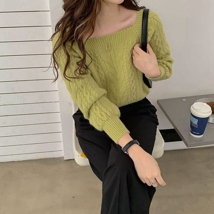 Square-Neck Cable-Knit Loose Sweater in 13 Colors - Pea