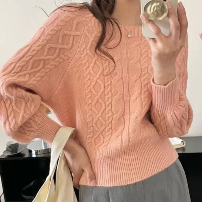 Square-Neck Cable-Knit Loose Sweater in 13 Colors - Pink