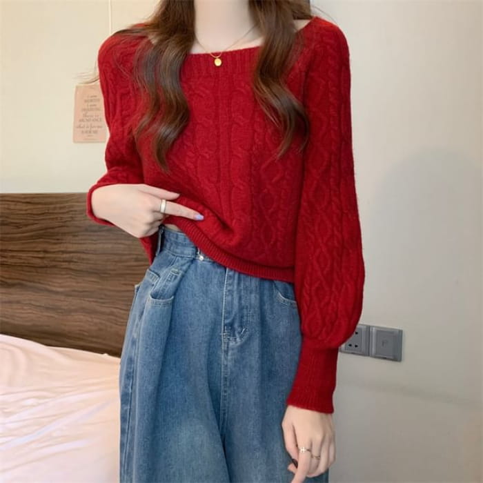 Square-Neck Cable-Knit Loose Sweater in 13 Colors - Red