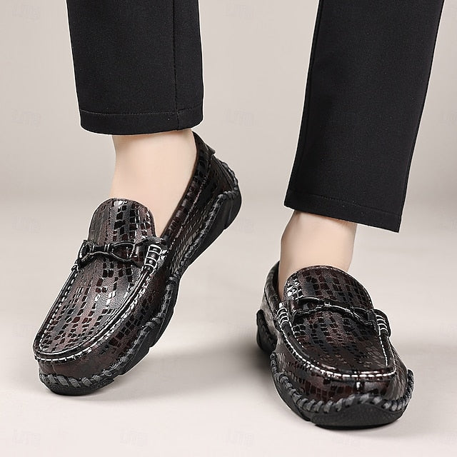 Men’s Loafers – Moc-Toe Textured Crocodile Driving Black