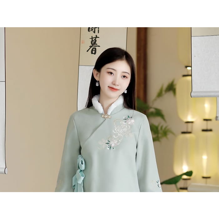 Stand Collar Floral Embroidered Fluffy Trim Tie Front