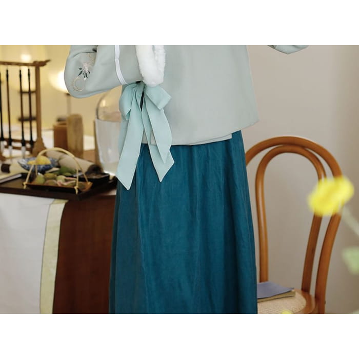 Stand Collar Floral Embroidered Fluffy Trim Tie Front