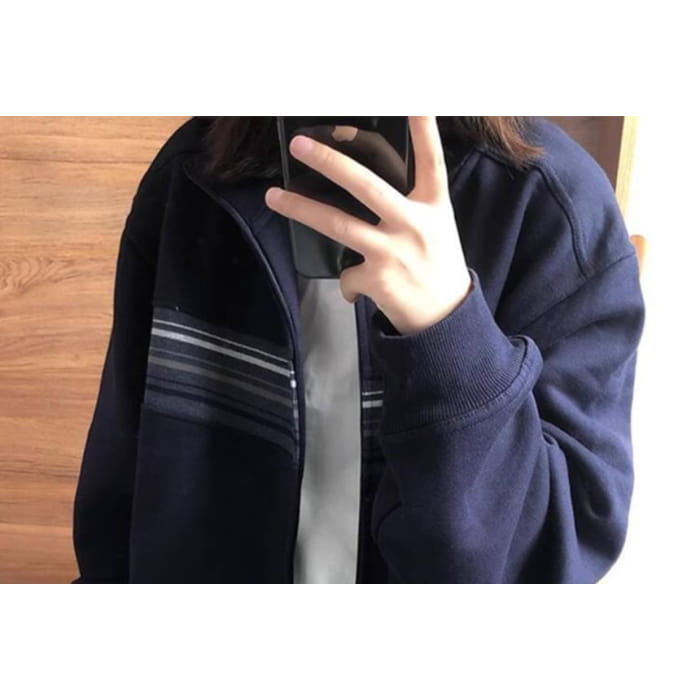 Stand Collar Striped Zip Jacket