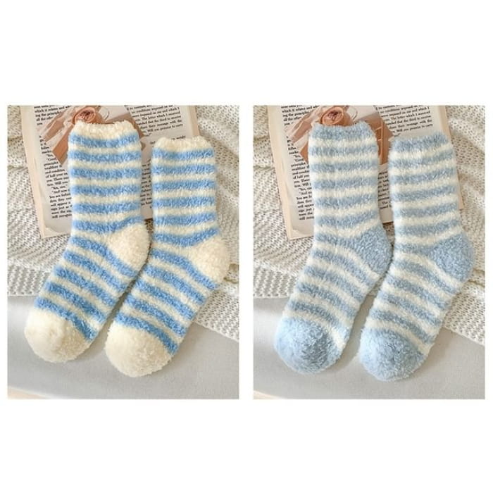 Striped Fleece Socks / Set - of 2 Pair - Dark Blue & Light