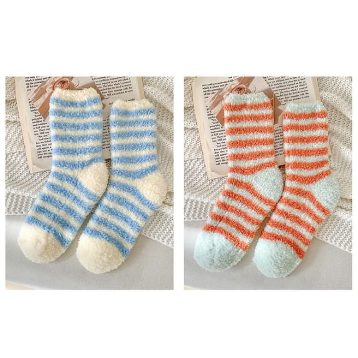 Striped Fleece Socks / Set - of 2 Pair - Dark Blue &