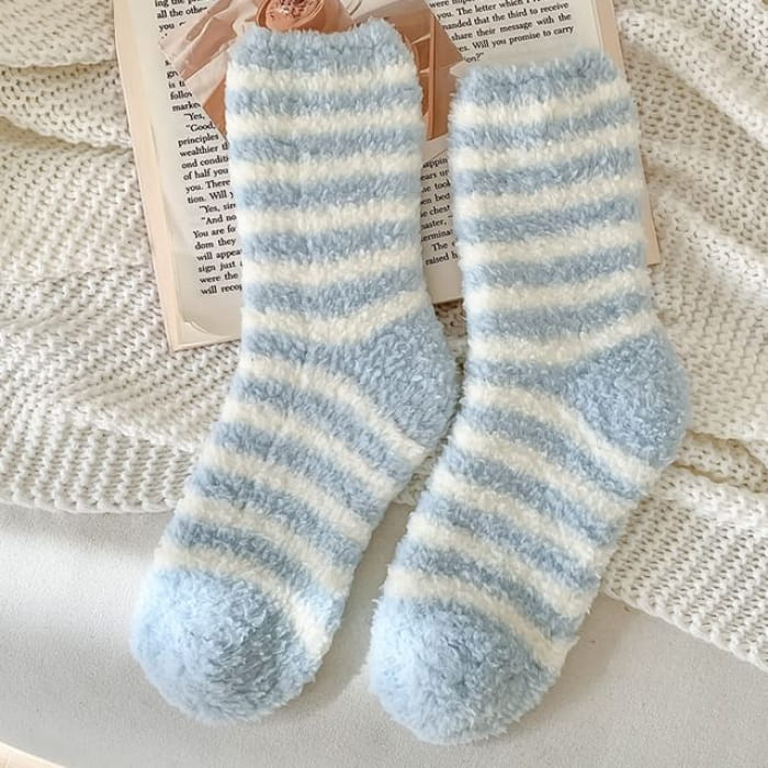 Striped Fleece Socks / Set - of 2 Pair - Light Blue