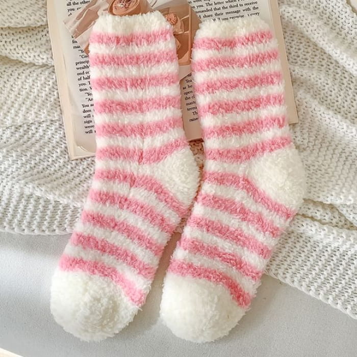 Striped Fleece Socks / Set - of 2 Pair - Pink / One Size
