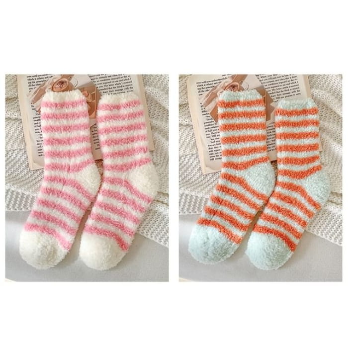 Striped Fleece Socks / Set - of 2 Pair - Pink & Tangerine