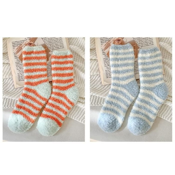 Striped Fleece Socks / Set - of 2 Pair - Tangerine Red &