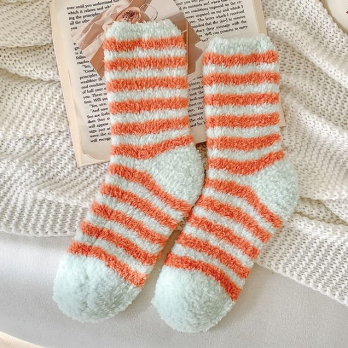 Striped Fleece Socks / Set - of 2 Pair - Tangerine Red