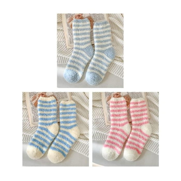 Striped Fleece Socks / Set - of 3 Pair - Light Blue & Dark