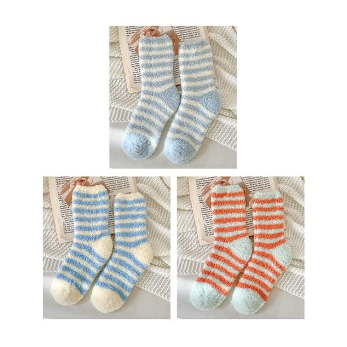 Striped Fleece Socks / Set - of 3 Pair - Light Blue & Dark
