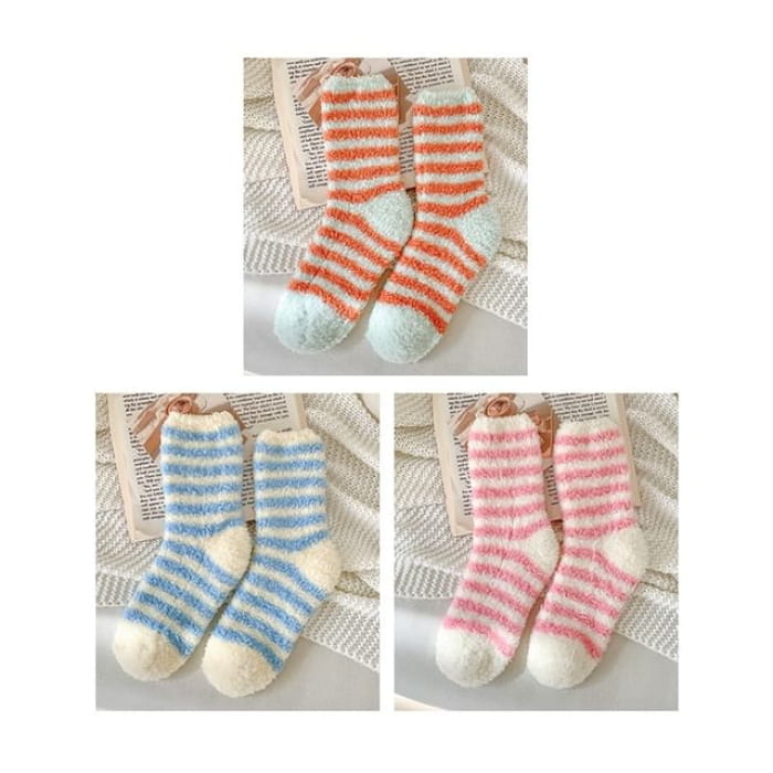 Striped Fleece Socks / Set - of 3 Pair - Tangerine Red &