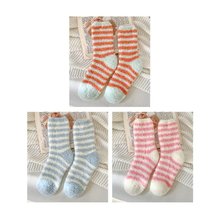 Striped Fleece Socks / Set - of 3 Pair - Tangerine Red &