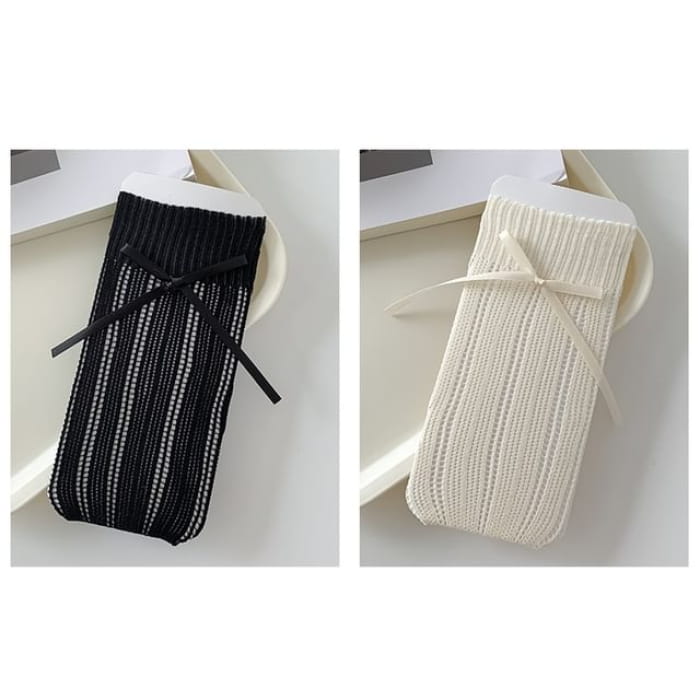 Striped Pointelle Knit Socks / Set - of 2 Pairs - Black &