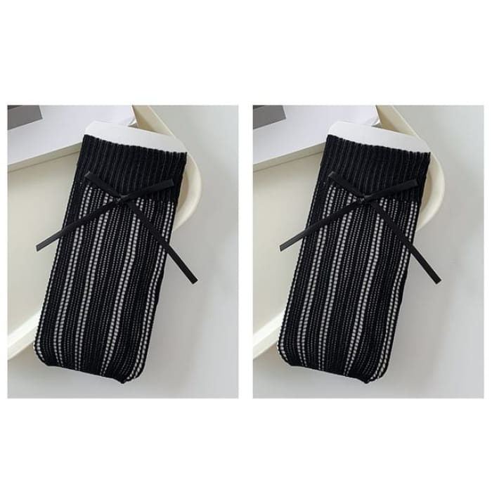 Striped Pointelle Knit Socks / Set - of 2 Pairs - Black