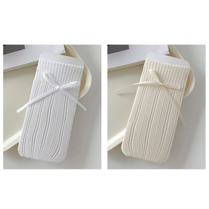 Striped Pointelle Knit Socks / Set - of 2 Pairs - White &