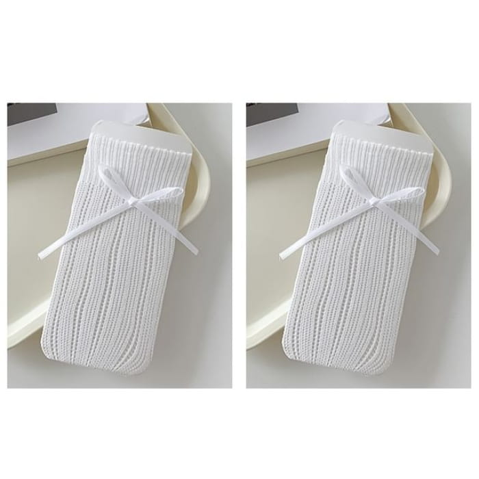 Striped Pointelle Knit Socks / Set - of 2 Pairs - White