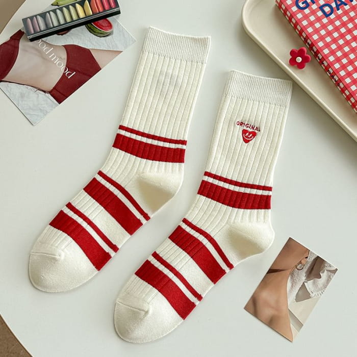 Striped Socks / Letter Embroidered / Set