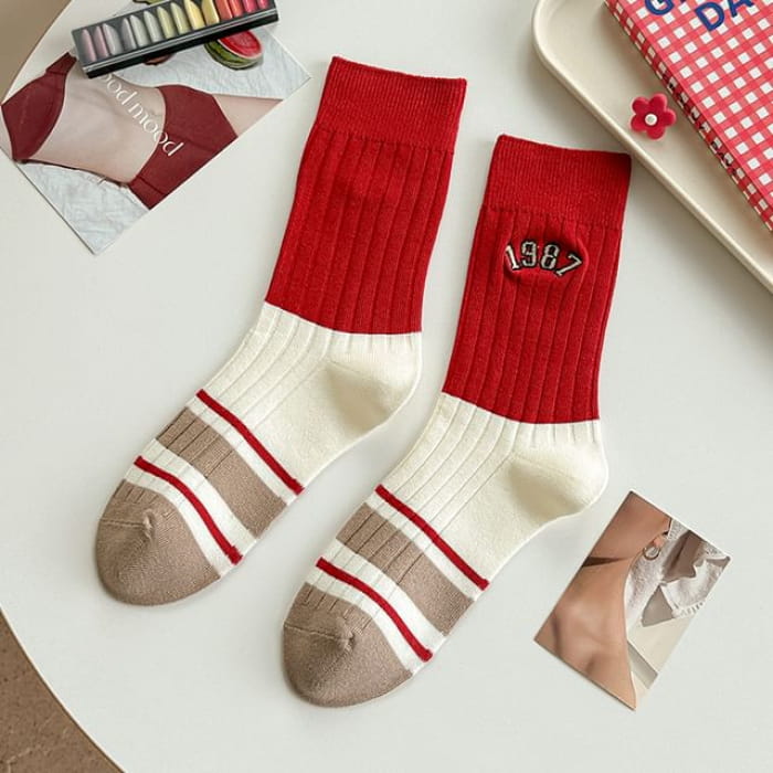 Striped Socks / Letter Embroidered / Set - Type 01 - of 2