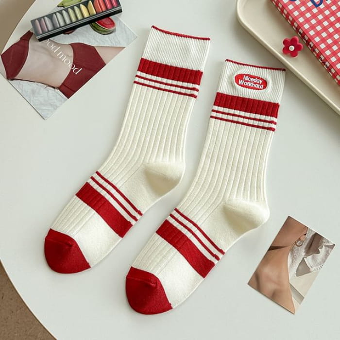 Striped Socks / Letter Embroidered / Set - Type 04 - of 2