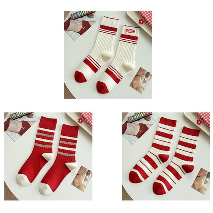 Striped Socks / Letter Embroidered / Set - Type 09 - of 3