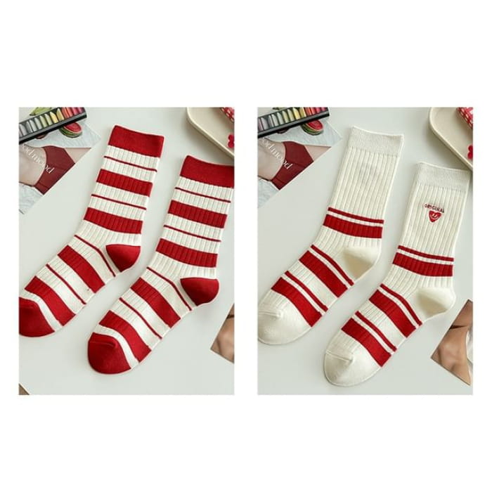 Striped Socks / Letter Embroidered / Set - Type 11 - of 2