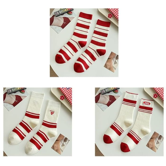 Striped Socks / Letter Embroidered / Set - Type 12 - of 3