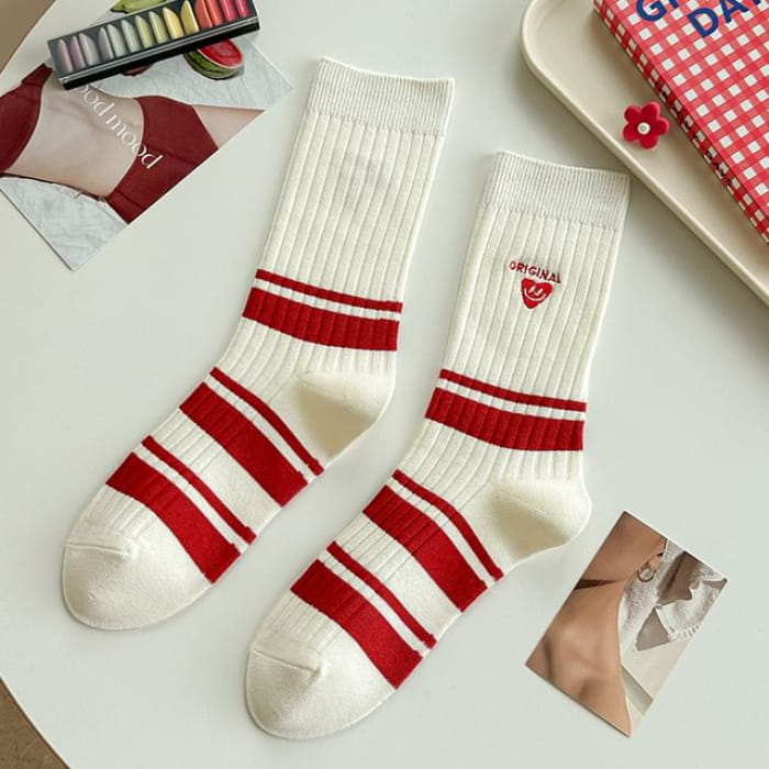 Striped Socks / Letter Embroidered / Set - Type 13 - of 2