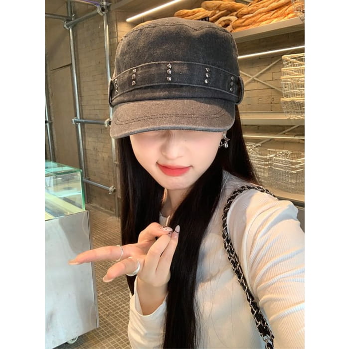 Studded Denim Military Cap