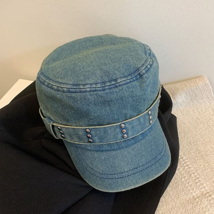 Studded Denim Military Cap - Blue / One Size