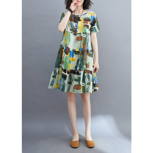Style Colorblock Ruffled Patchwork Mid Dress Short Sleeve