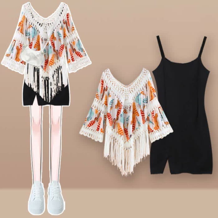 Sweet Boho Print Fringed Hollow Out Shirt Pleated Skirt