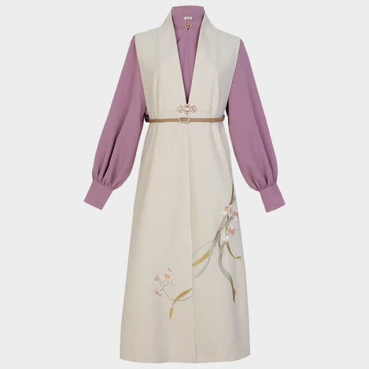 Sweet Vintage Floral Embroidery Split Set - Purple / S