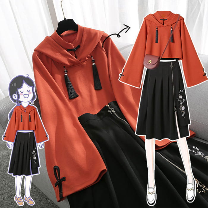 Tassel Hoodie Vintage Sweatshirt Skirt Set