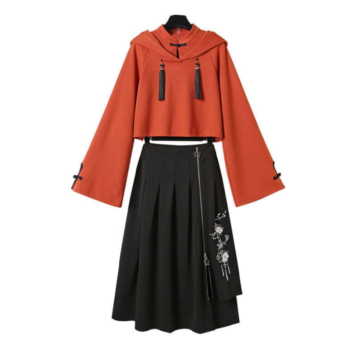 Tassel Hoodie Vintage Sweatshirt Skirt Set