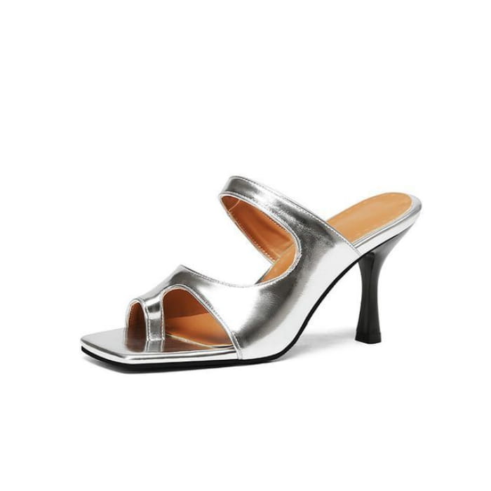 Toe Loop Cutout High Heel Slide Sandals - Silver / 32