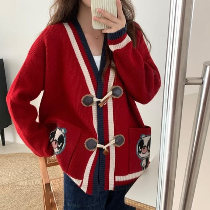 Toggle Panda-Embroidered V-Neck Cardigan in 5 Colors - Red