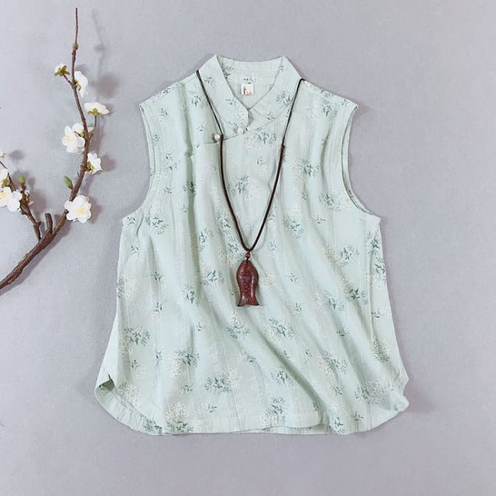 Traditional Chinese Sleeveless Floral Frog Buttoned Top